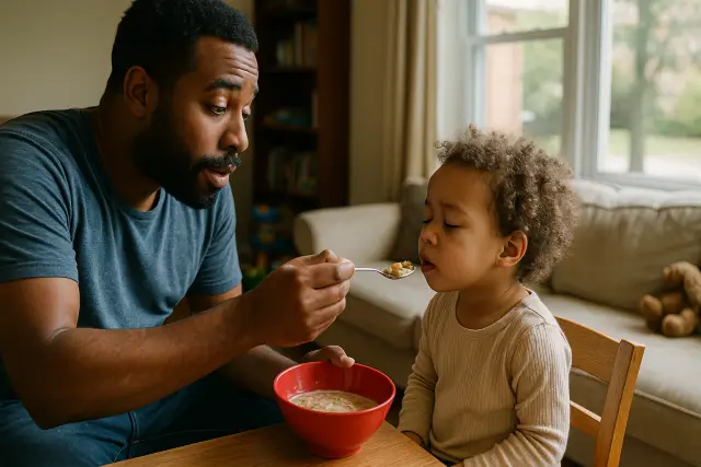 A father shares a meal with his child, embodying the theme "4 Words That Build Confidence in Kids (And They're Not What You Think).
