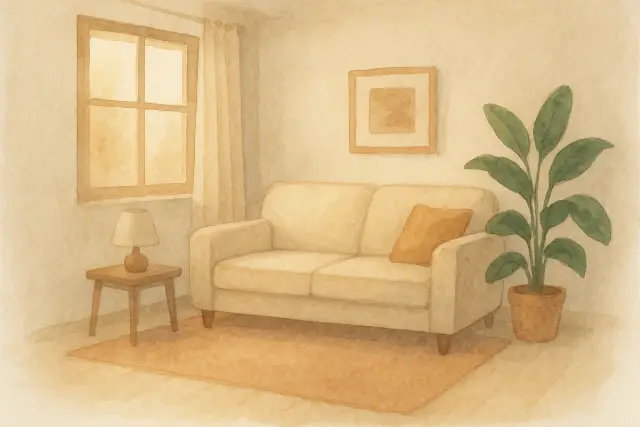 A cozy living room with a beige sofa, a plant, and soft lighting, perfect for discussing "The One Phrase That Instantly Calms a Meltdown.