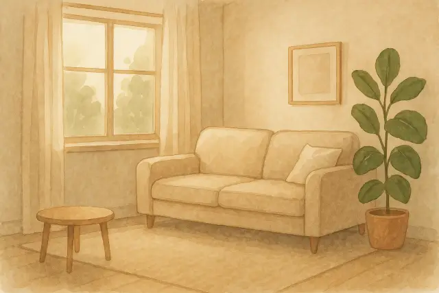 A cozy living room with a beige couch, a small table, a plant, and a window, perfect for calming an upset 5-year-old.