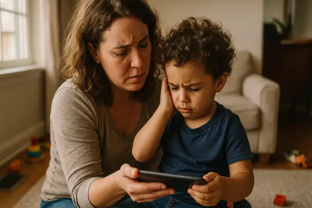 A concerned mother and her upset child struggle with screen time on a smartphone, highlighting digital balance challenges.