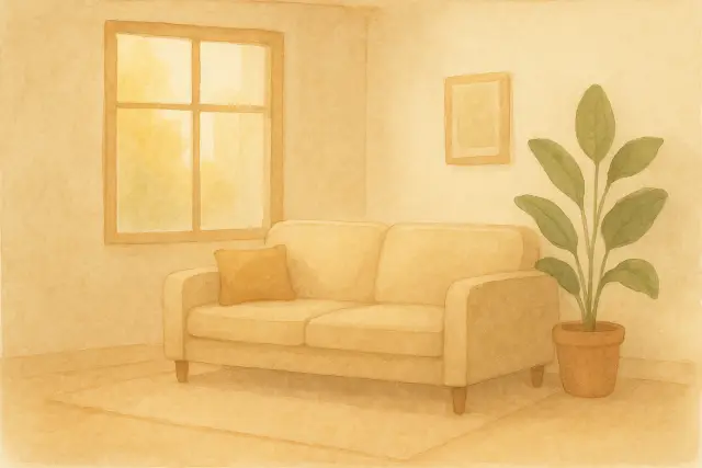 A cozy living room with a beige couch, a cushion, a potted plant, and a window, illustrating calm morning routines.