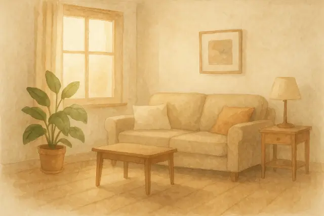 A cozy living room with a sofa, plant, and lamp, illustrating a calm space for discussing "Saying 'No' Without the Drama.