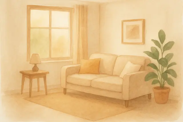 A cozy living room with a sofa, lamp, and plant, perfect for calming down after a toddler's tantrum.