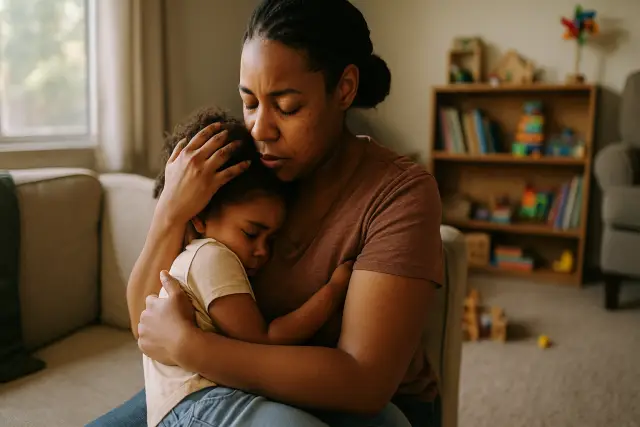 A mother holds her child close, embodying "The One Evening Ritual That Instantly Reduces Parent Burnout.