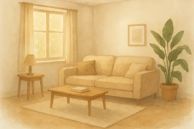 A cozy living room with a sofa, coffee table, lamp, and a plant, ideal for "The Morning Routine Change That Reduces Toddler Meltdowns.