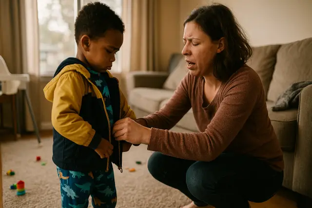 A mother helps her child get dressed, embodying the challenges of "Mastering the Morning Hustle" without raising her voice.