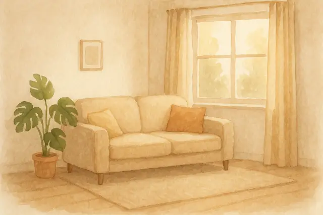 A cozy living room featuring a beige couch, a plant, and soft natural light, ideal for discussing "Turning Your Child's Defiance into Cooperation.