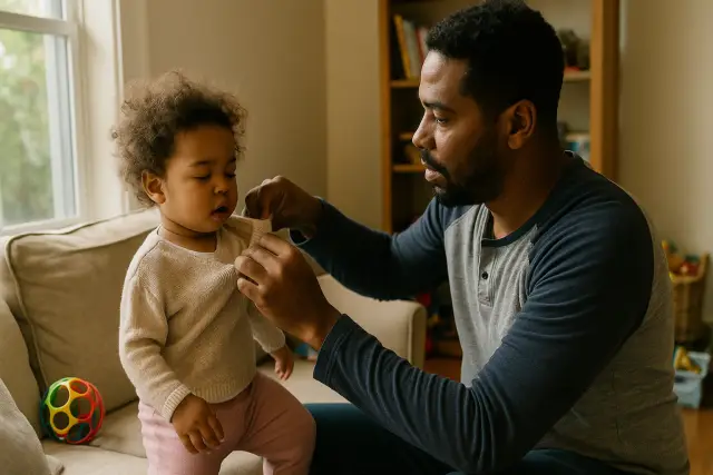 A father helps his young child get dressed, demonstrating nurturing habits that can boost emotional intelligence.