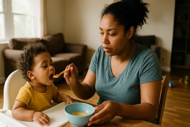 A mother feeds her toddler in a high chair, illustrating insights on toddler eating habits.