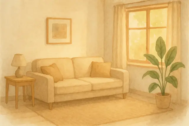 A cozy living room with a sofa, lamp, and potted plant, reflecting on managing 5-year-old temper tantrums.