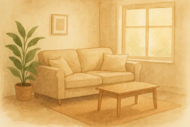 A cozy living room with a beige couch, a wooden coffee table, and a potted plant, perfect for calming toddler tantrums.
