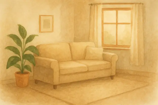 A cozy living room with a beige sofa, a potted plant, and a window, perfect for "The One Parenting Tactic That Calms Bedtime Battles Instantly.