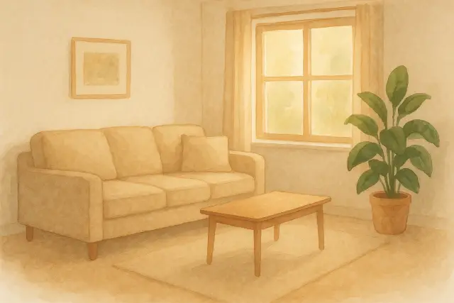 A cozy living room with a sofa, coffee table, and a plant, reflecting a space for discussing child development milestones.