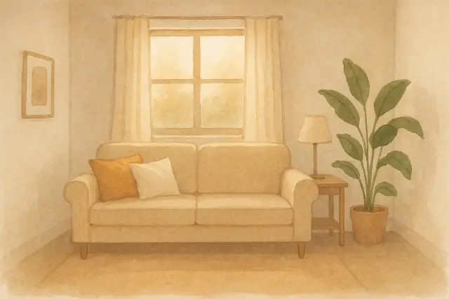 A cozy living room with a sofa, pillows, a lamp, and a plant, perfect for using "The One Phrase That Instantly Calms an Overwhelmed Toddler.