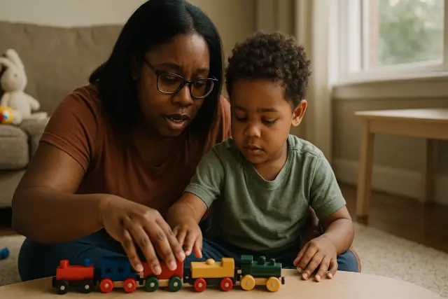 A mother and son engage in play with toy trains, illustrating what most parents overlook in teaching social skills.