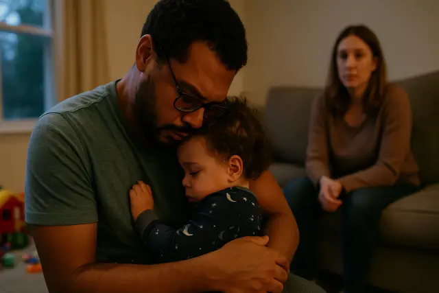 A father holds his sleepy child, while a mother observes, highlighting the evening routine mistake affecting kids' sleep.