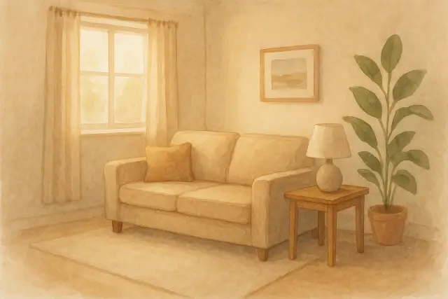A cozy living room with a sofa, lamp, and plant, illustrating the calm needed to assess toddler tantrums for help.