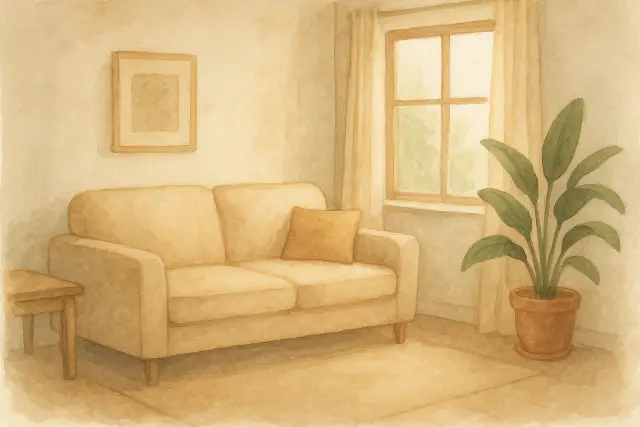 A cozy living room with a beige sofa, potted plant, and soft lighting, perfect for "The Surprising Bedtime Ritual That Calms 4-Year-Olds Instantly.