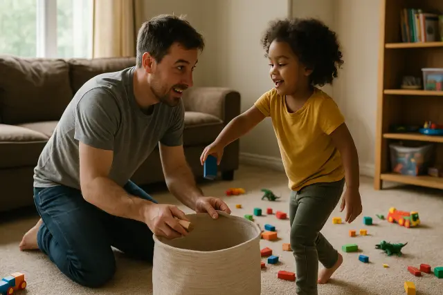 A father and daughter joyfully clean up toys together, embodying "Turning Cleanup Time into Fun in Just 7 Seconds.