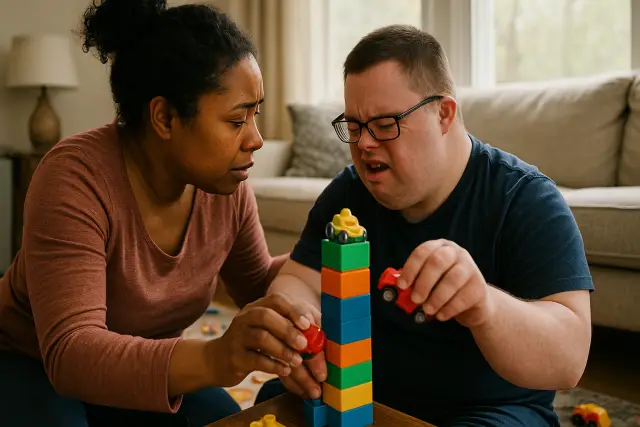 A woman and a boy play with colorful blocks and toy cars, illustrating sharing challenges in preschoolers.
