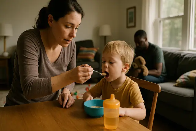 A mother feeds her young child breakfast, illustrating "The 10-Minute Morning Routine That Sets Kids Up for a Better Day.