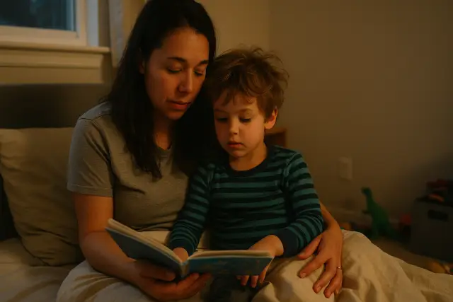 A mother reads to her son in bed, creating a calming bedtime routine for energetic 5-year-olds.