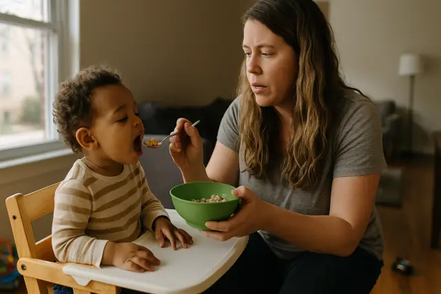 A mother feeds her young child, demonstrating nurturing habits to boost attention span naturally.