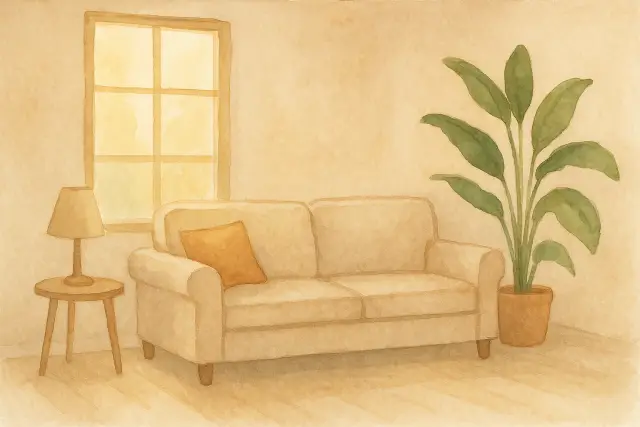A cozy living room with a sofa, lamp, and plant, perfect for 3 Daily Habits That Instantly Ease Morning Chaos with Kids.