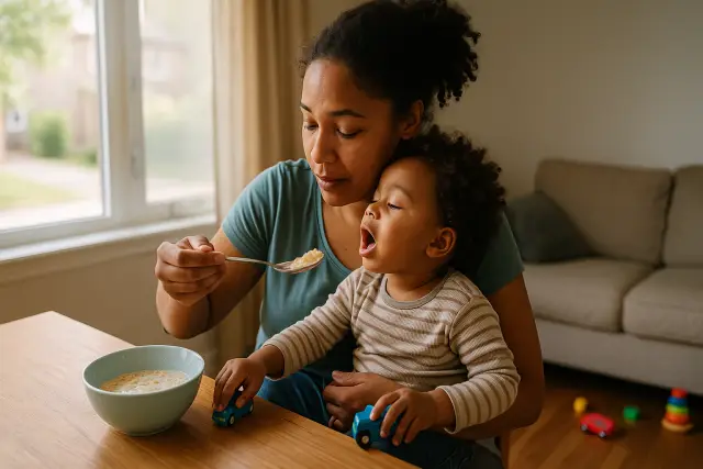 A mother feeds her young child breakfast, setting a peaceful tone for the day with kids.