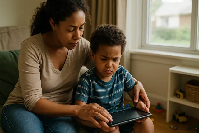 A mother helps her upset 5-year-old transition from a tablet to other activities, illustrating practical ways to avoid drama.