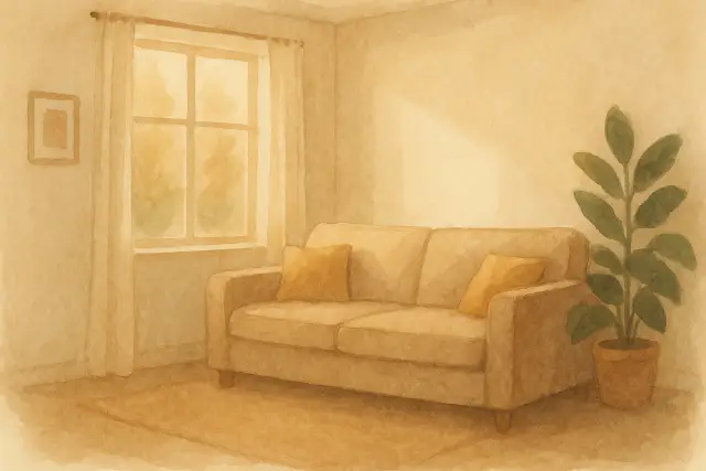 A cozy living room with a beige couch, orange pillows, a window, and a potted plant, illustrating calmness in parenting.