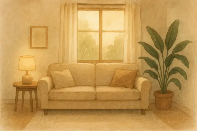 A cozy living room with a sofa, lamp, and plant, reflecting what pediatricians know about toddler tantrums that parents often miss.