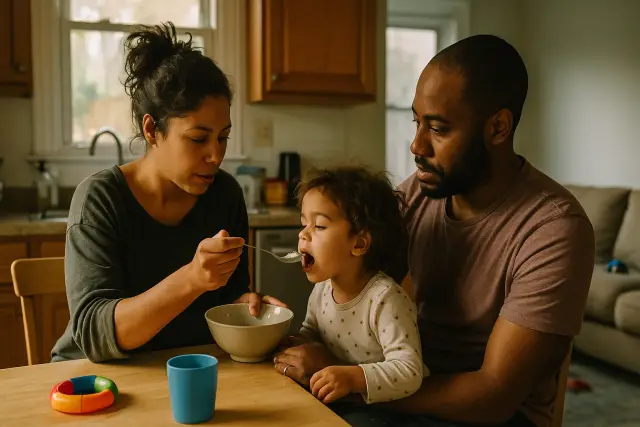 A mother calmly feeds her child breakfast while a father watches, showcasing "The 5-Minute Trick That Calms Chaotic Mornings with Kids.