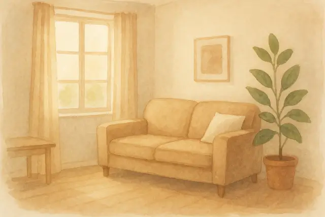 A cozy living room with a beige couch, a small table, and a potted plant, ideal for discussing "Preventing Sibling Rivalry.
