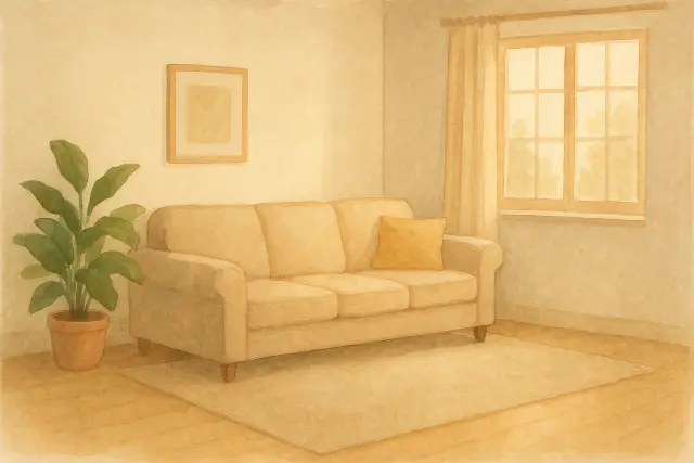 A cozy living room with a beige couch, a potted plant, and soft natural light, perfect for discussing "The One Phrase That Stops Toddler Tantrums Instantly.