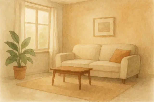 A cozy living room with a couch, coffee table, and a potted plant, illustrating "The Counter-Intuitive Trick to Stop a Preschooler's Bedtime Resistance.