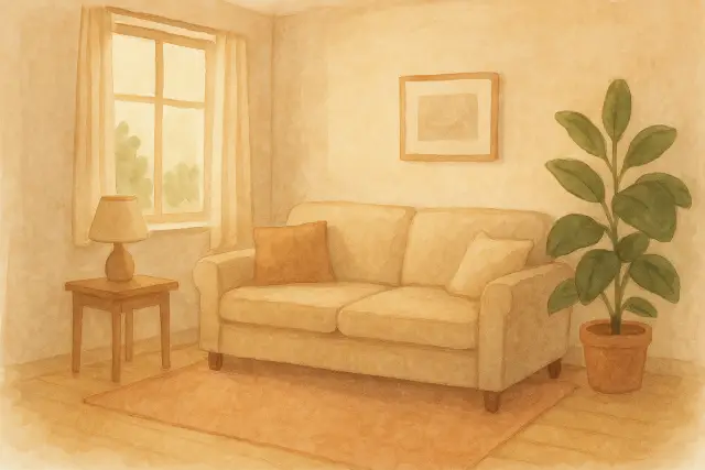 A cozy living room with a sofa, lamp, and plant, ideal for practicing "The 3-Second Trick That Diffuses Public Tantrums Instantly.