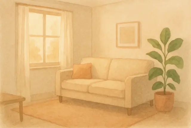 A cozy living room with a sofa, a plant, and soft lighting, illustrating "The One Phrase That Defuses Tantrums Faster Than 'Calm Down'.