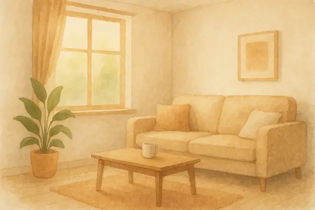 A cozy living room with a sofa, coffee table, and a plant, embodying "The Unexpected Phrase That Stops Meltdowns in Their Tracks.