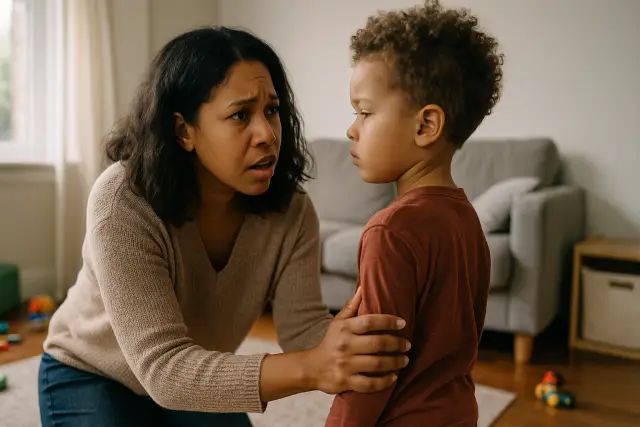A concerned mother talks to her son, illustrating challenges in communication as discussed in "What It Means When Your 3-Year-Old Suddenly Stops Listening (And How To Fix It).